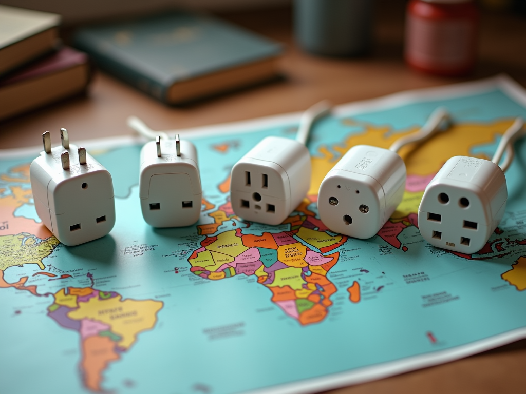 Various travel adapters on a world map, suggesting international travel and connectivity.