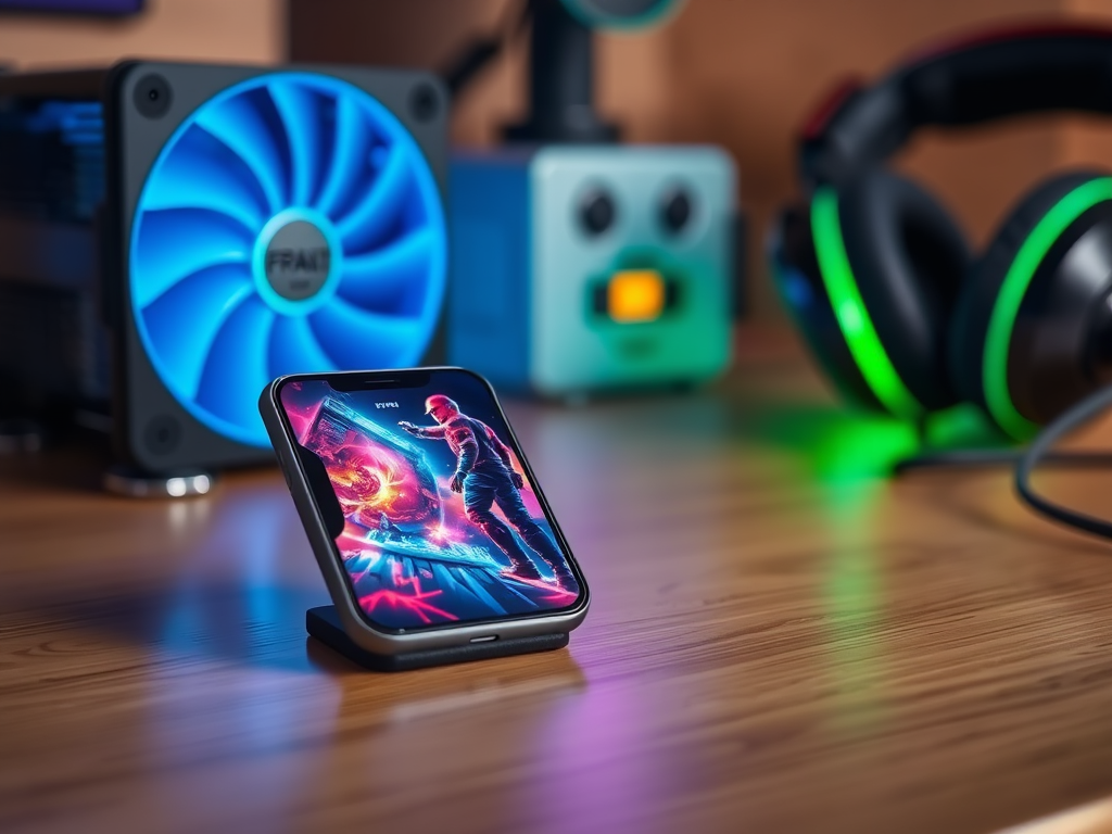 A smartphone on a stand displaying vibrant game art, with colorful gaming headphones and a blue fan in the background.