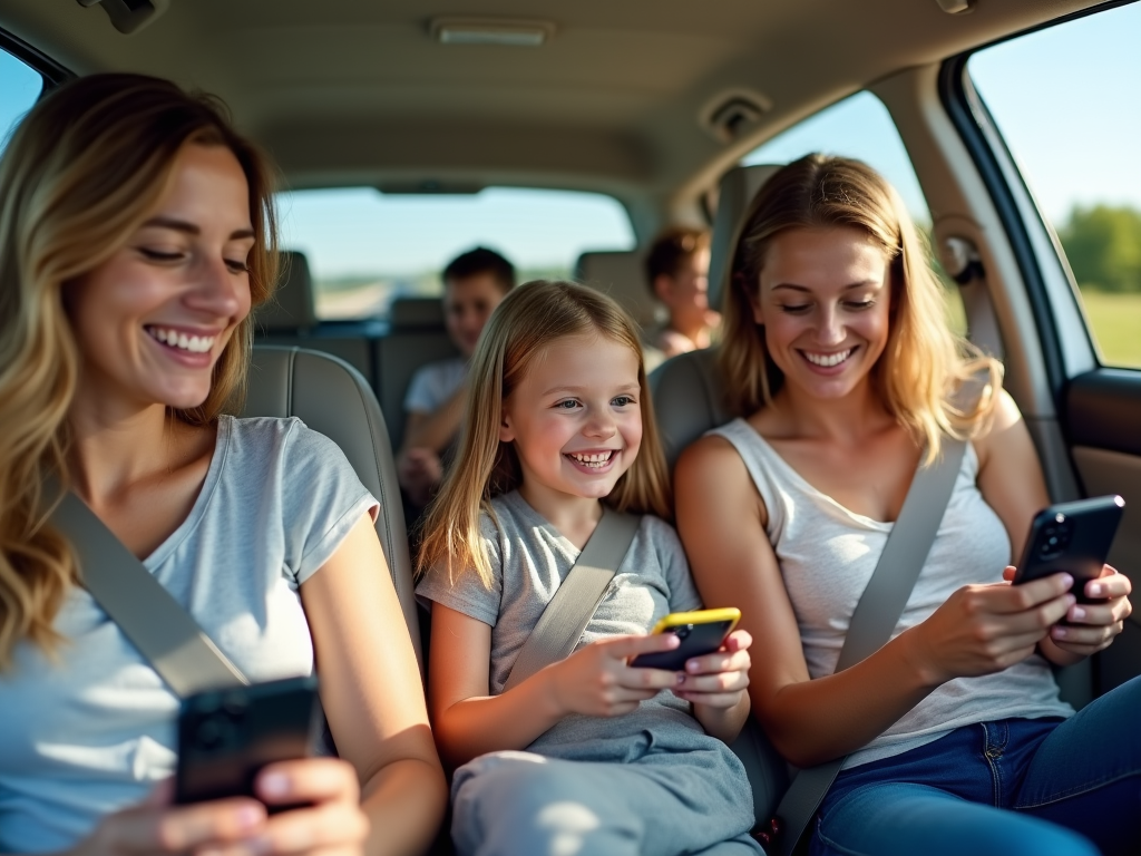 Two women and a little girl smiling and using smartphones in a sunlit car.