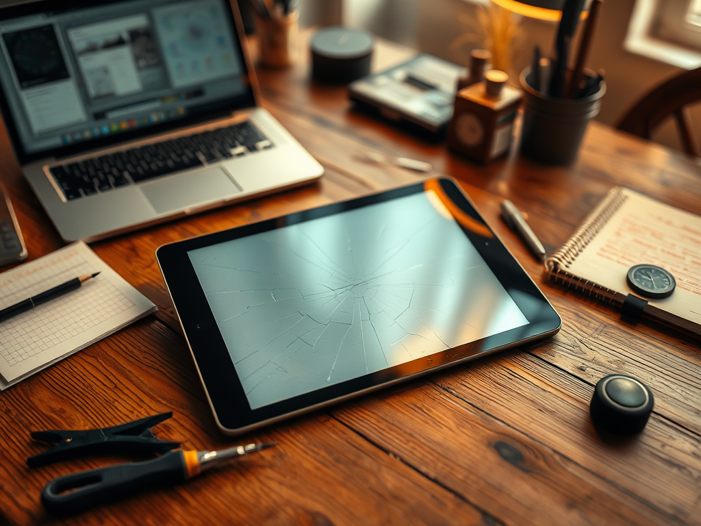A cracked tablet placed on a wooden desk, surrounded by a laptop, stationery, and other office supplies.