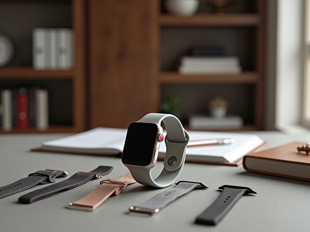 Smartwatch with interchangeable straps displayed on a desk, amidst books and pens.