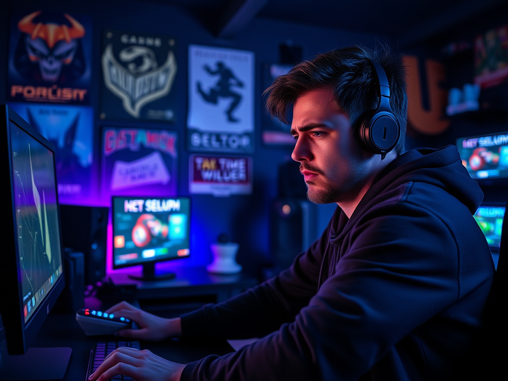 A focused young man wearing headphones plays a video game at a desk with colorful ambient lighting and posters in the background.