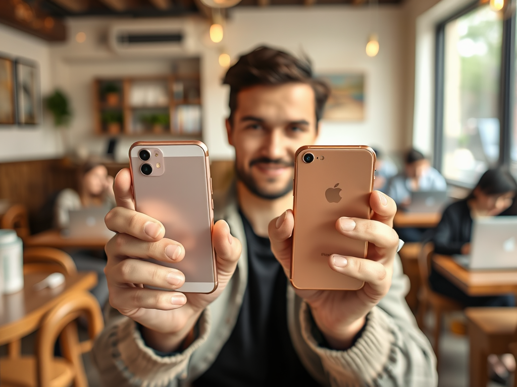 A man holds two smartphones, one in each hand, smiling in a café filled with people working on laptops.