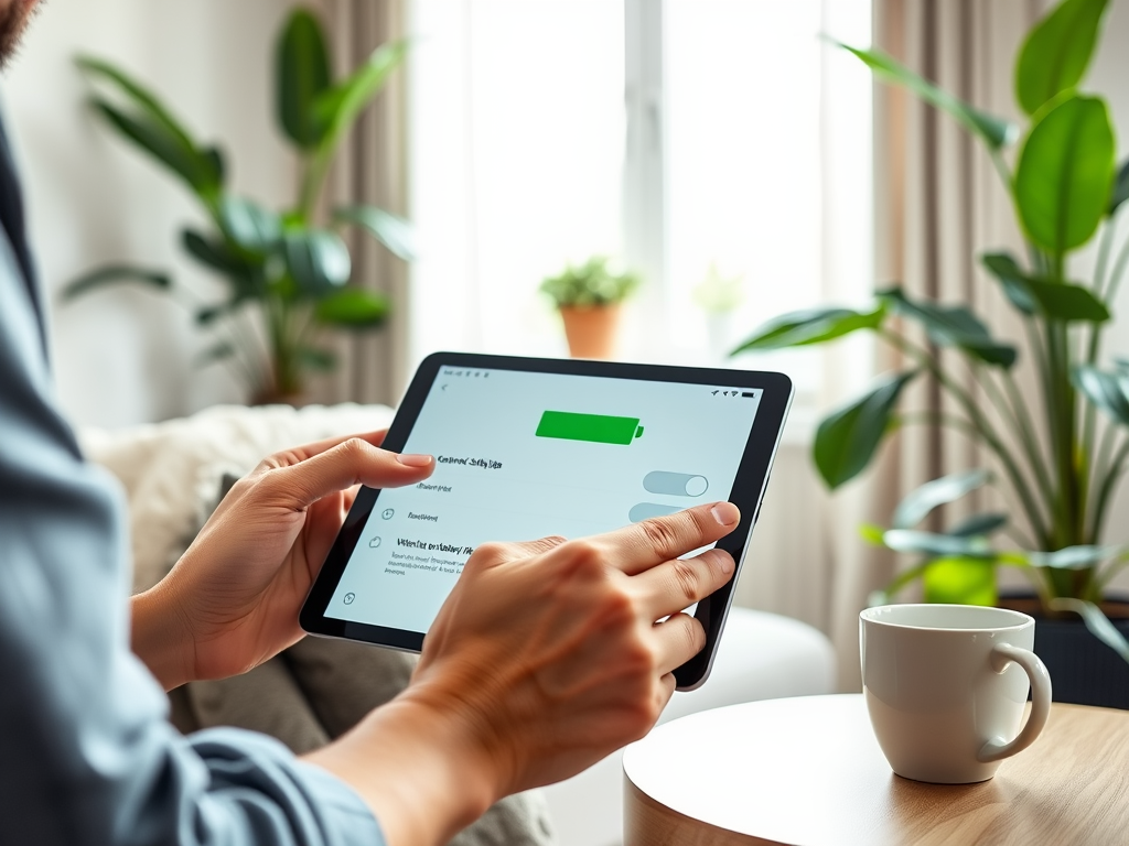 A person holds a tablet displaying settings and options, with coffee and plants in a cozy room.