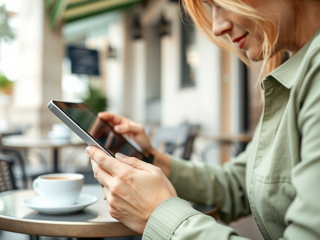 A woman in a light green shirt is sitting at a café, using a tablet with a cup of coffee on the table.