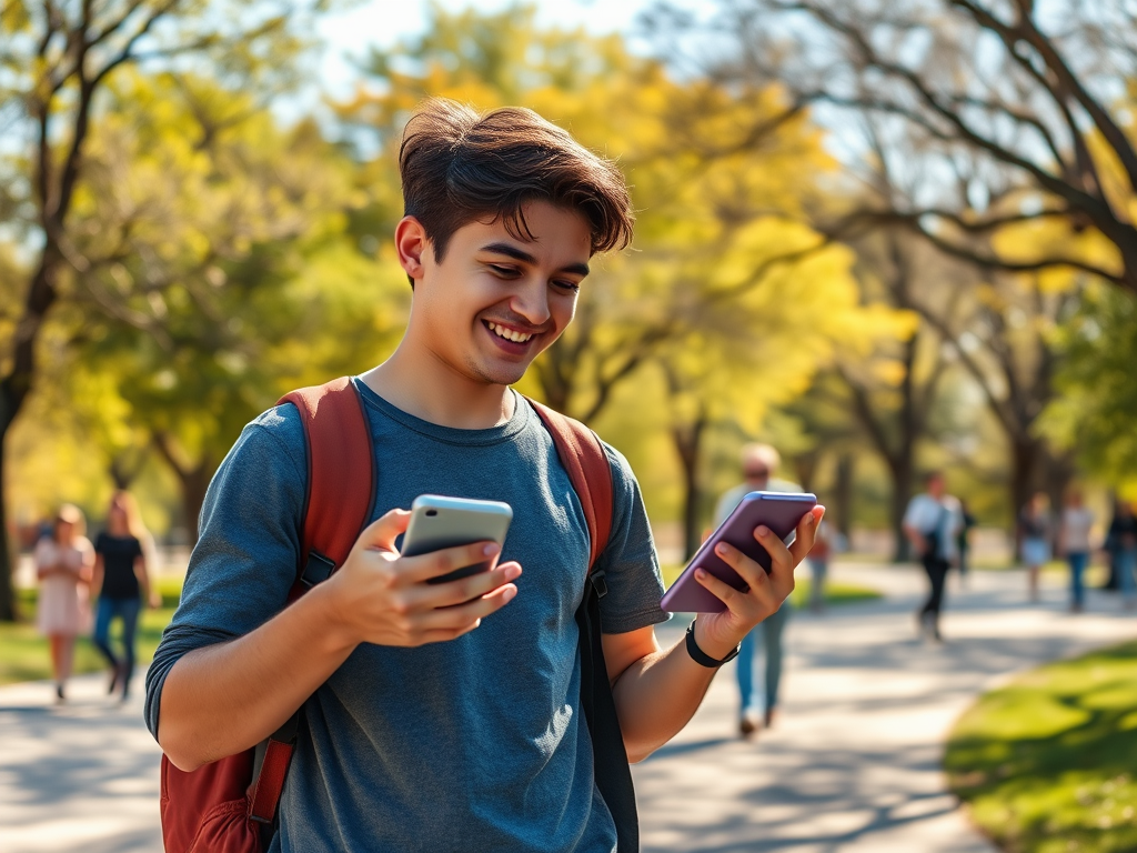 A young man smiles while holding two smartphones, walking through a sunny park with trees and people in the background.