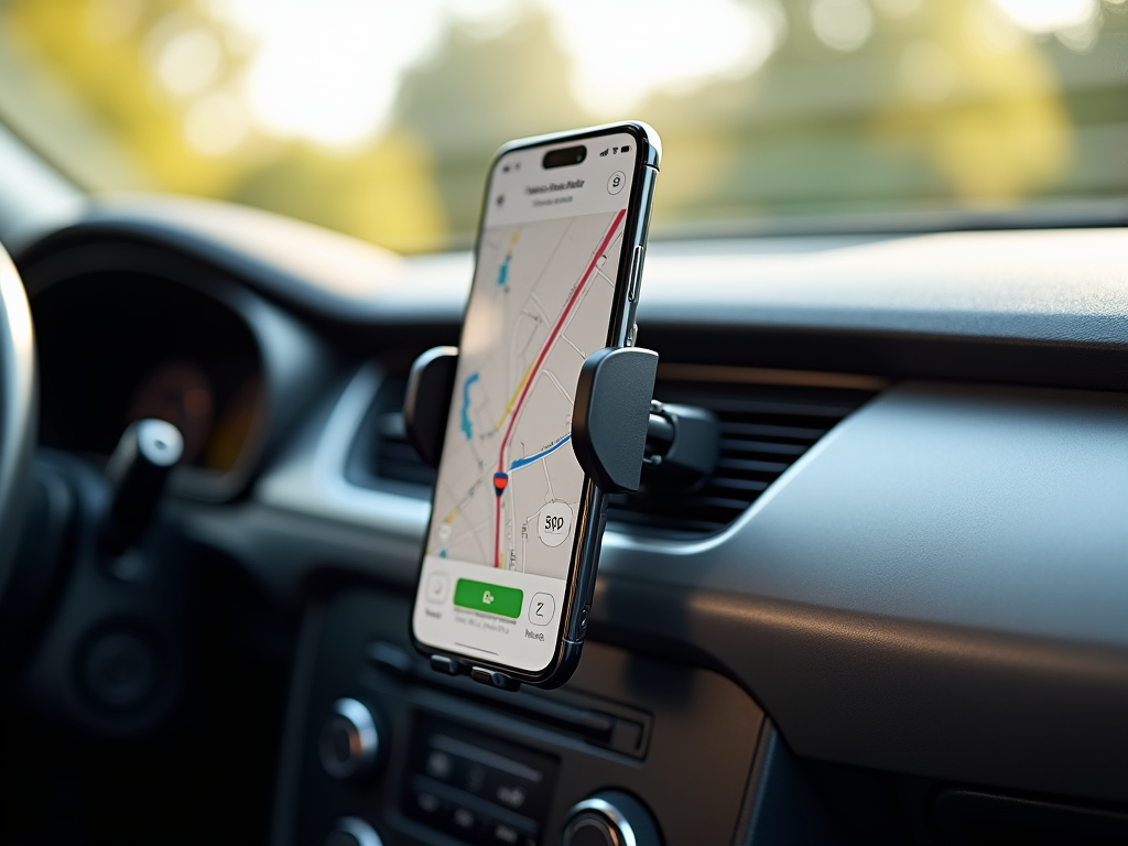 Smartphone displaying a map in a car holder with dashboard in the background.