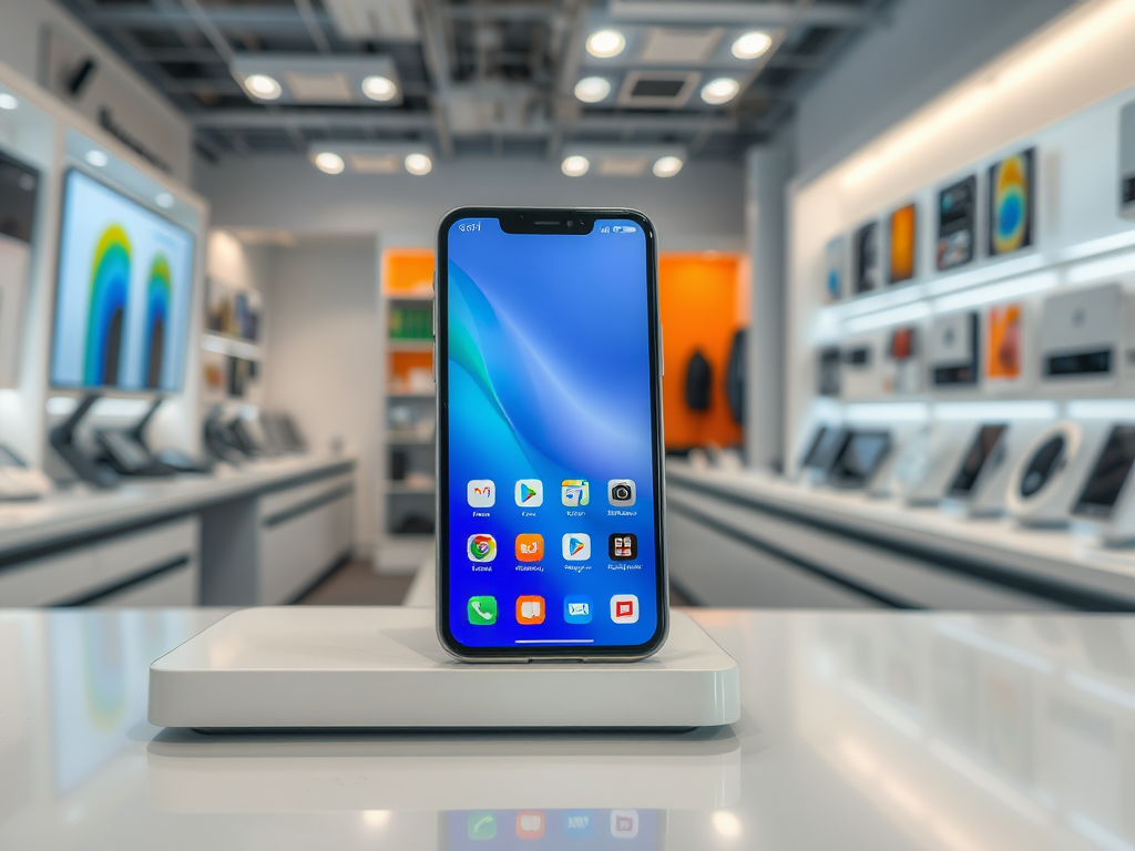 A smartphone on a display stand in a modern tech store, with blurred product displays in the background.