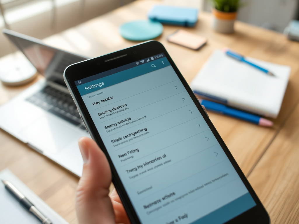 A hand holding a smartphone displaying a settings menu, with a laptop and stationery in the background.