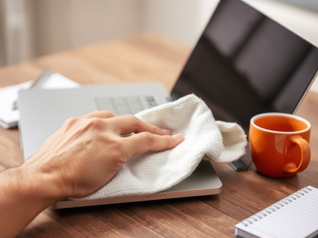 A hand wipes a laptop with a cloth beside a notebook and a cup of coffee on a wooden table.