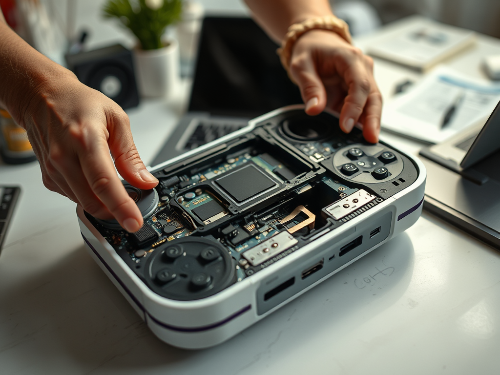 A person is assembling a disassembled gaming console, revealing its internal components on a work surface.