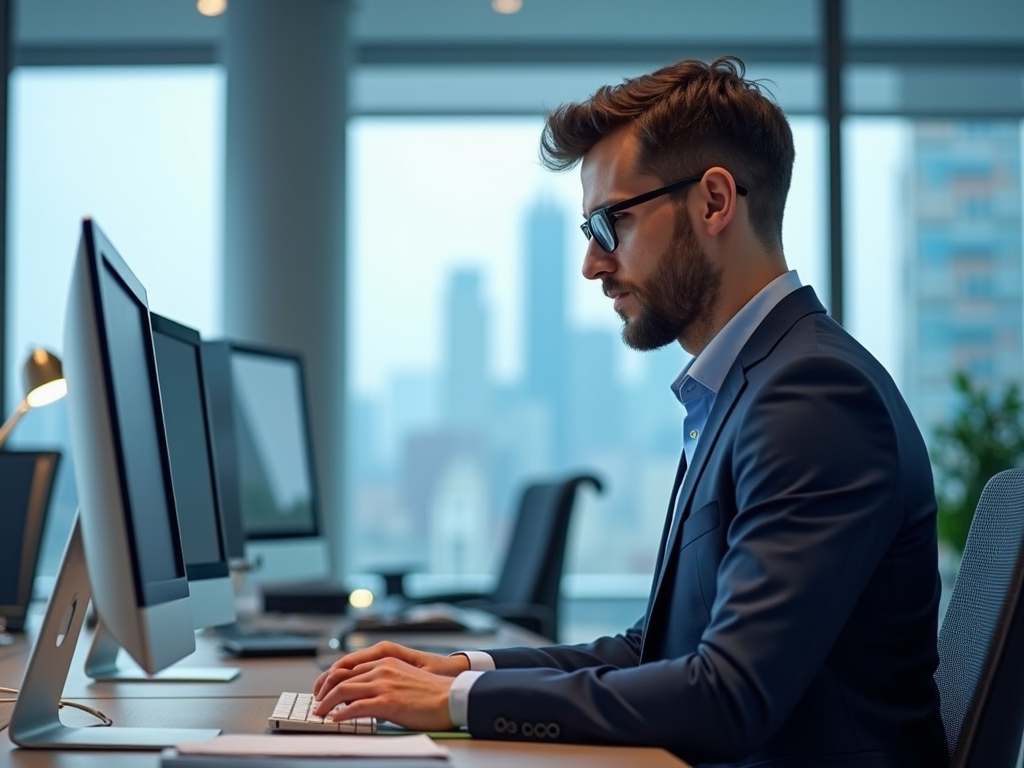 Businessman in glasses working at computer in modern office with cityscape view.