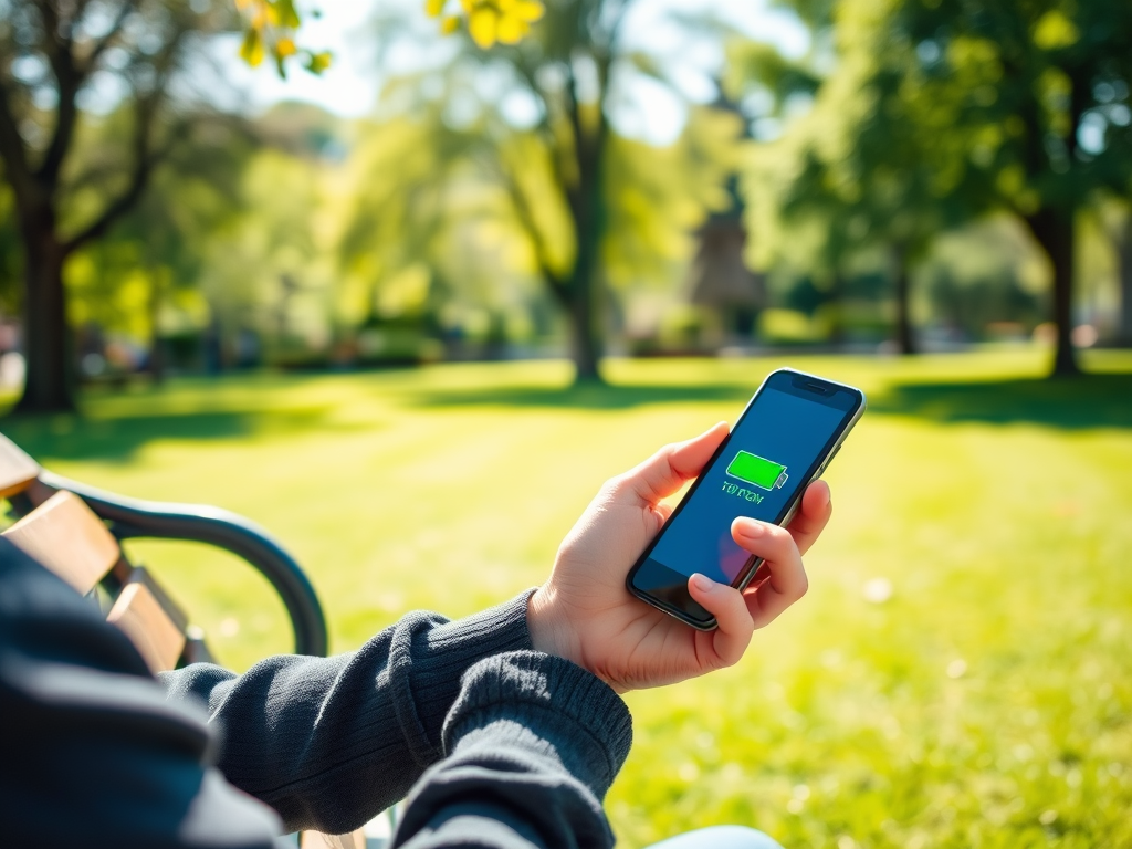 A hand holds a smartphone displaying a "100%" battery icon in a sunny park with green grass and trees.