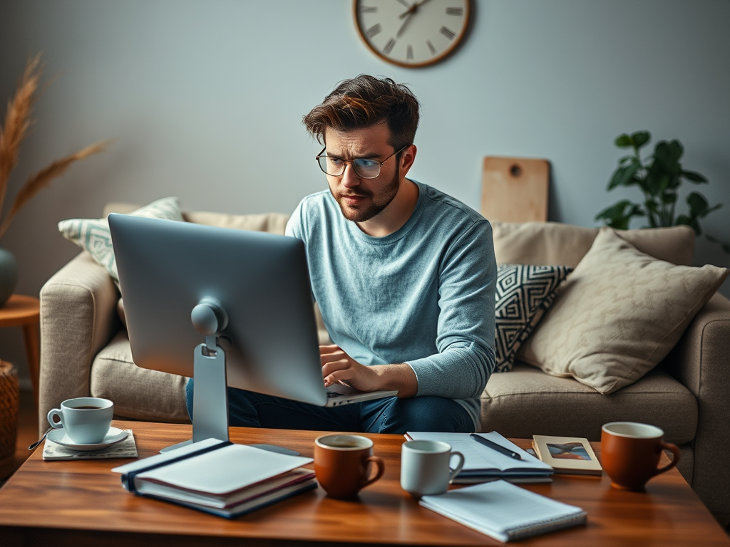 A focused young man works on a computer at a cozy home office, surrounded by coffee cups and notebooks.