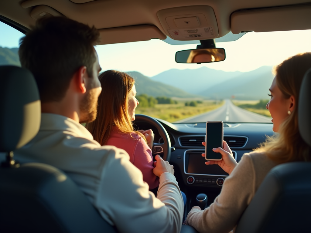 Three people in a car; two are looking ahead while one holds a smartphone, driving towards mountains at sunset.