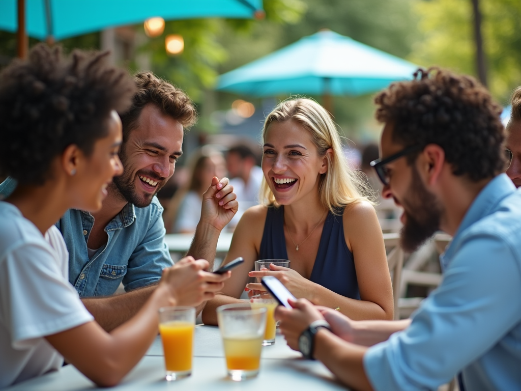 Four people laughing and chatting at an outdoor cafe table.