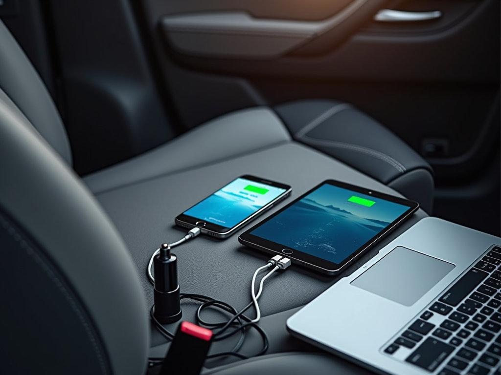 Smartphone, tablet, and laptop charging in a car, connected with cables.