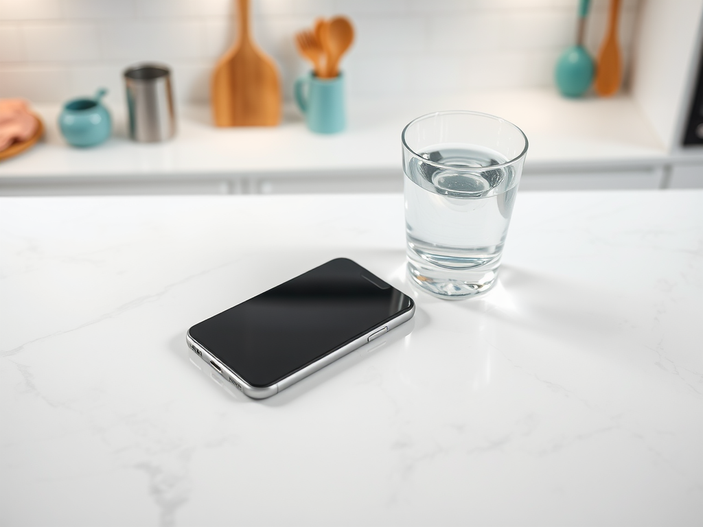 A smartphone and a glass of water sit on a white marble countertop in a bright kitchen setting.