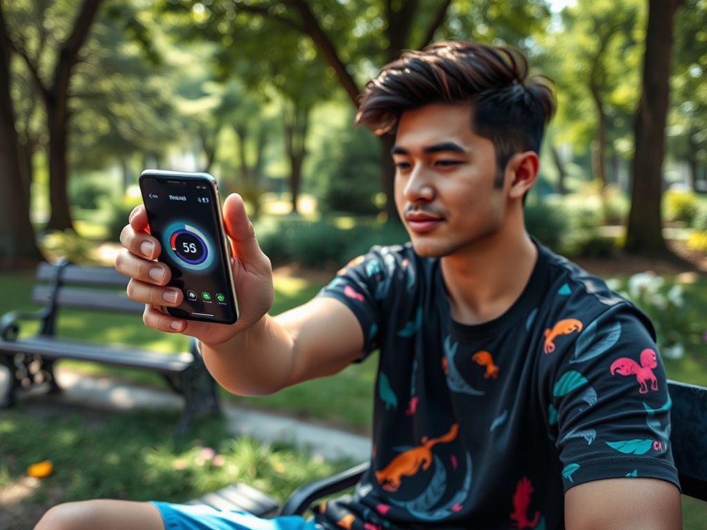 A young man in a colorful shirt sits on a bench, holding a phone displaying a timer at 55 seconds.