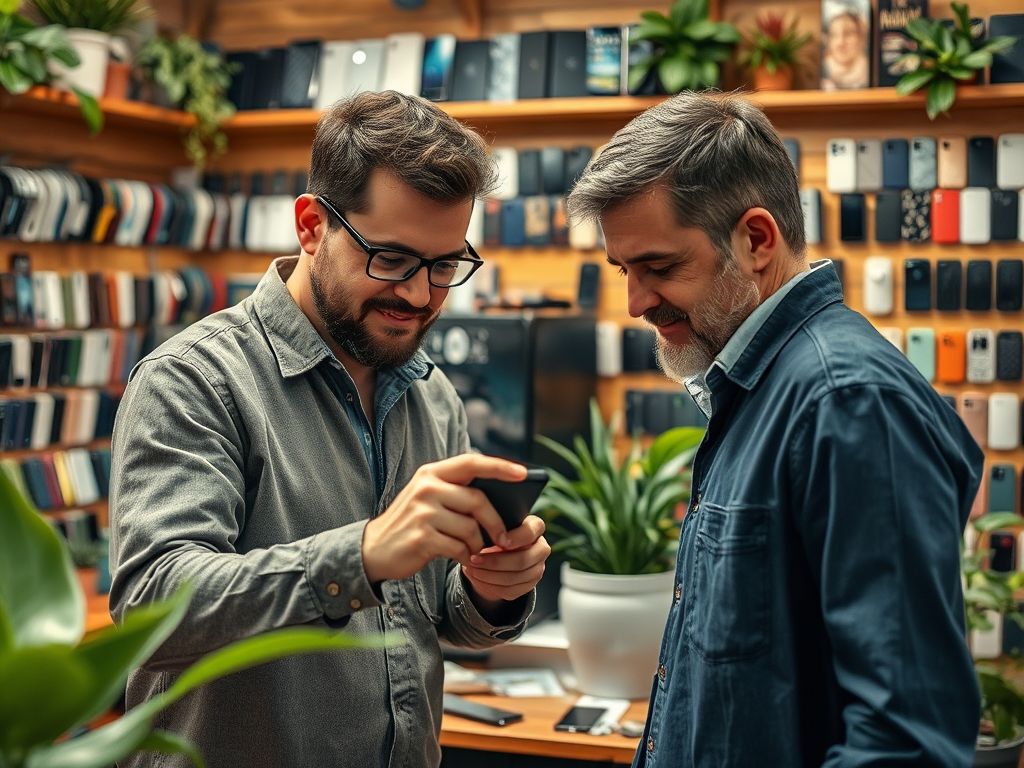 Two men are smiling and discussing a smartphone in a phone shop filled with various mobile devices.