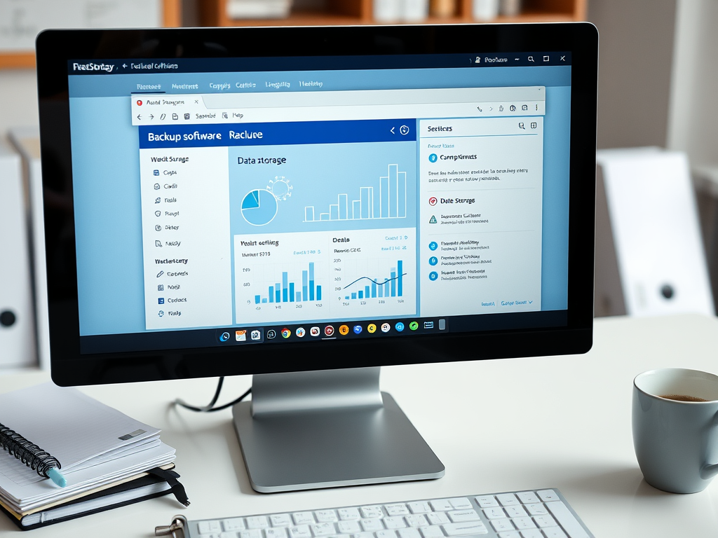 A computer monitor displays a backup software interface with graphs, data storage details, and menu options.