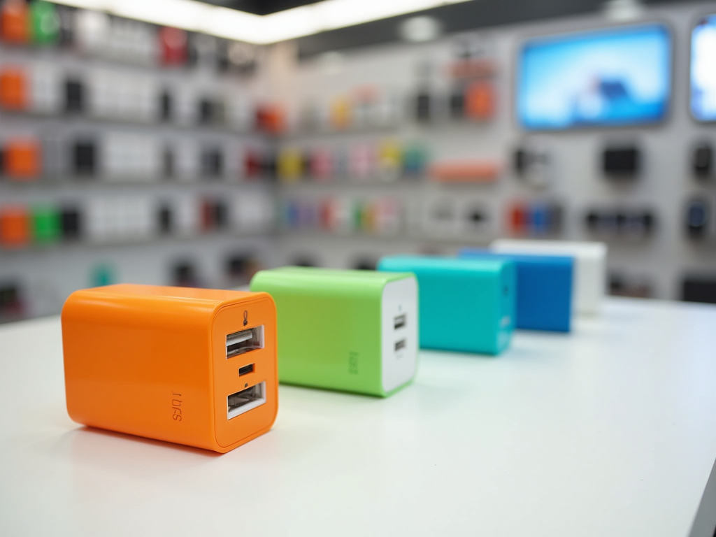 Colorful USB power adapters on display in an electronics store, focused on an orange one in the foreground.