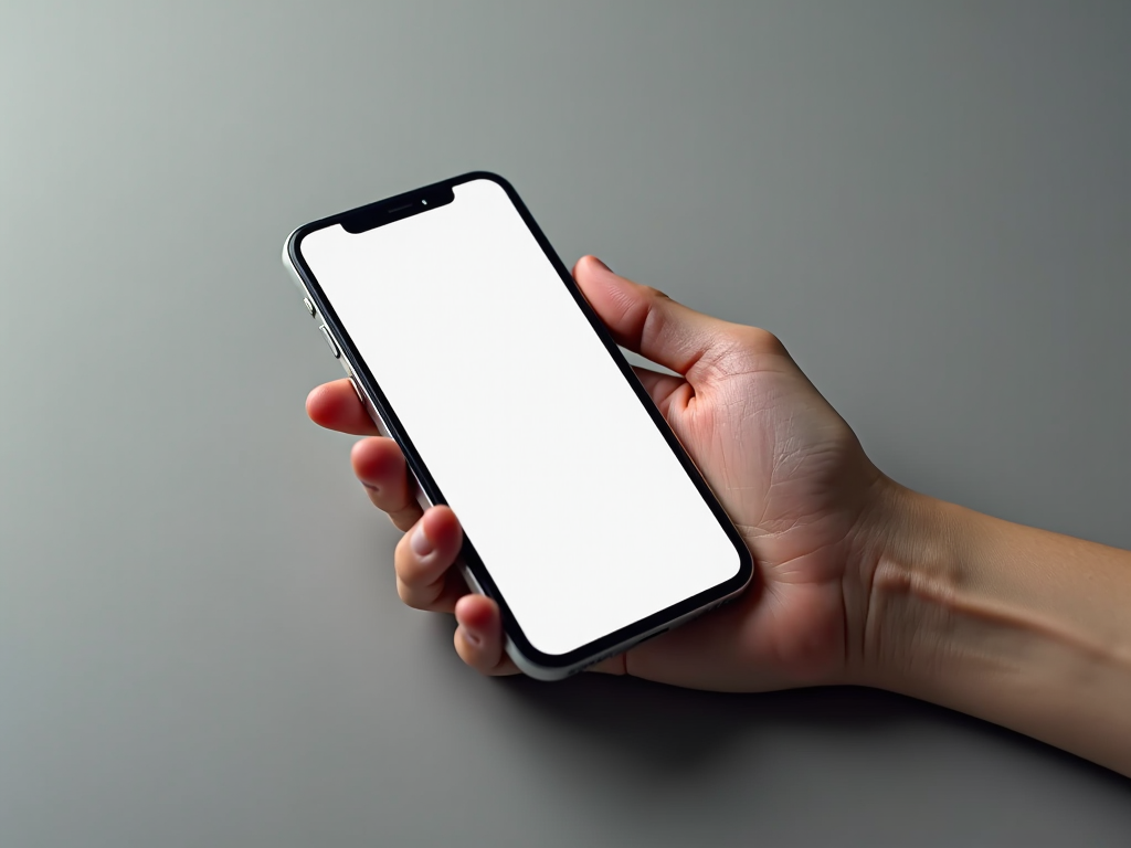 Hand holding a smartphone with a blank white screen on a neutral background.