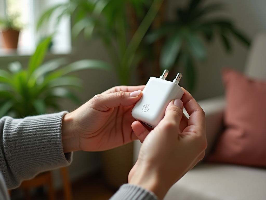 Two hands holding a white power adapter indoors, with houseplants and a couch in the background.