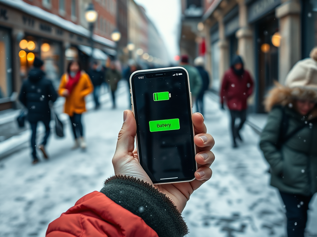 A person holds a smartphone displaying a low battery warning in a snowy, busy street scene.