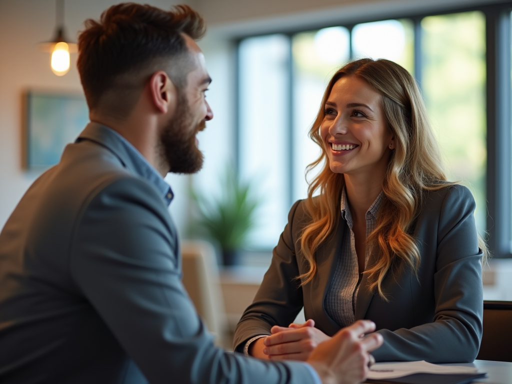 Two professionals in conversation, seated at a table, with warm smiles in a well-lit modern office.