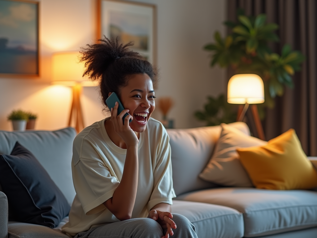 Happy young woman laughing on a phone call, sitting in a cozy living room at dusk.