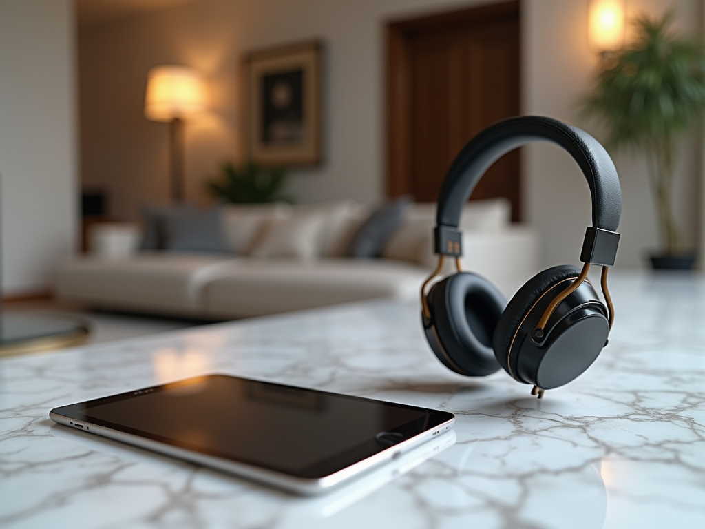 Black and gold headphones placed next to a tablet on a marble tabletop in a cozy living room.