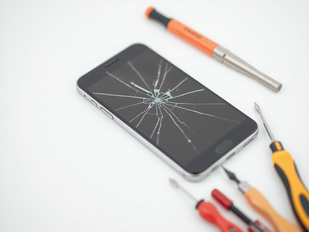 A smartphone with a cracked screen lies next to various small repair tools on a white background.