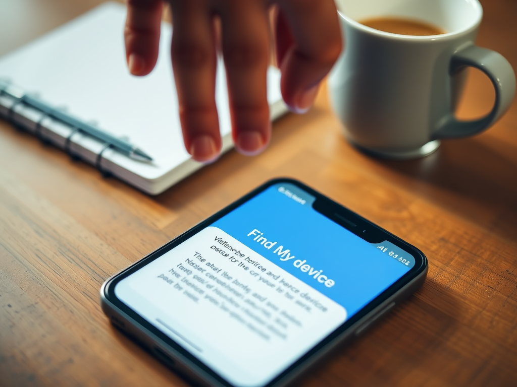 A hand hovering over a smartphone displaying "Find My Device," beside a notebook and a cup of coffee.