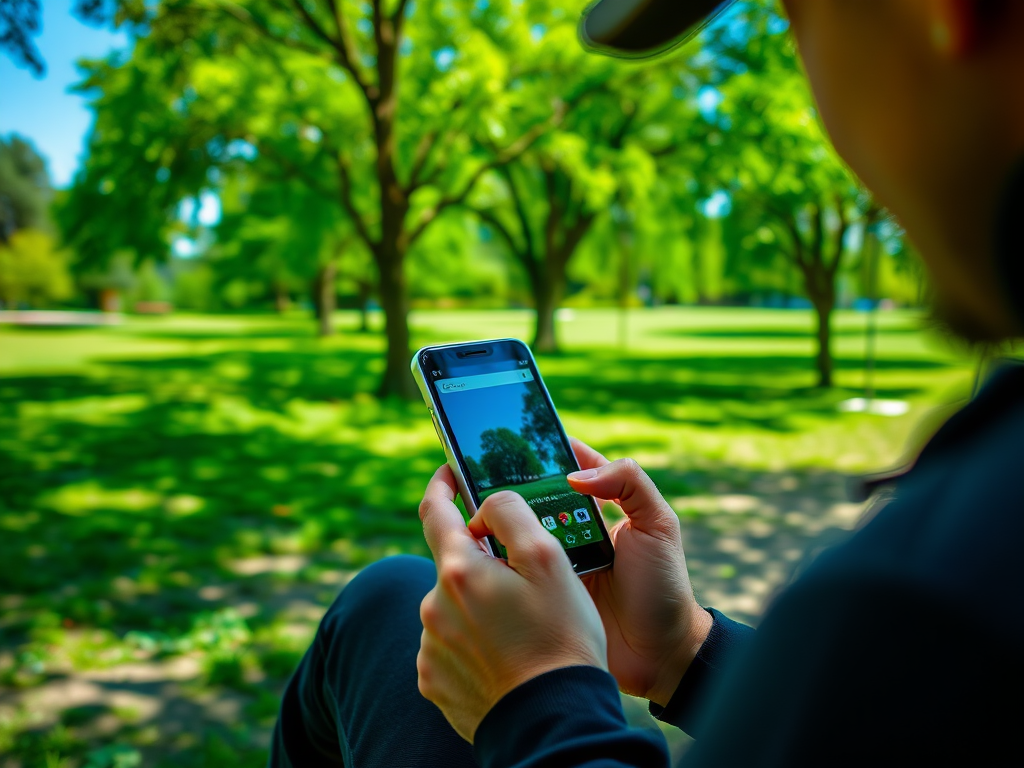 A person sitting in a park checks their smartphone, surrounded by green trees and grass.