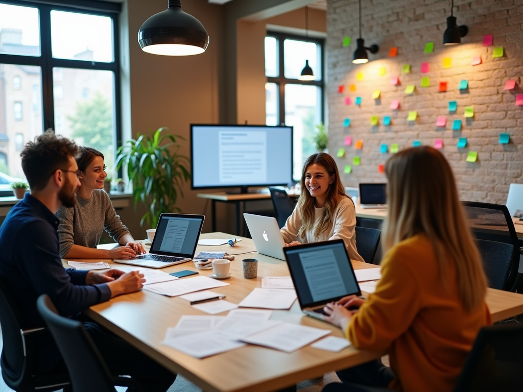 Team of four professionals collaborating and smiling at a table in a modern office setting.