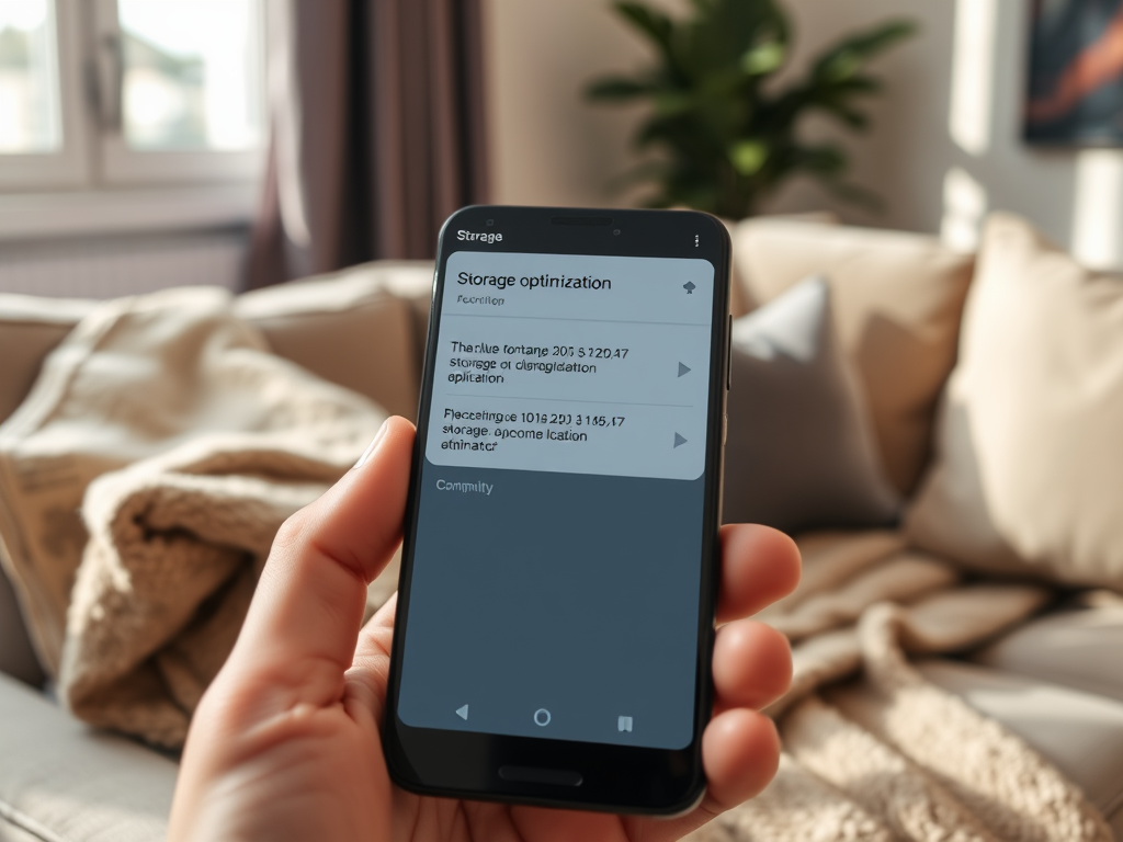 A hand holds a smartphone displaying a "Storage optimization" screen with storage details and options.