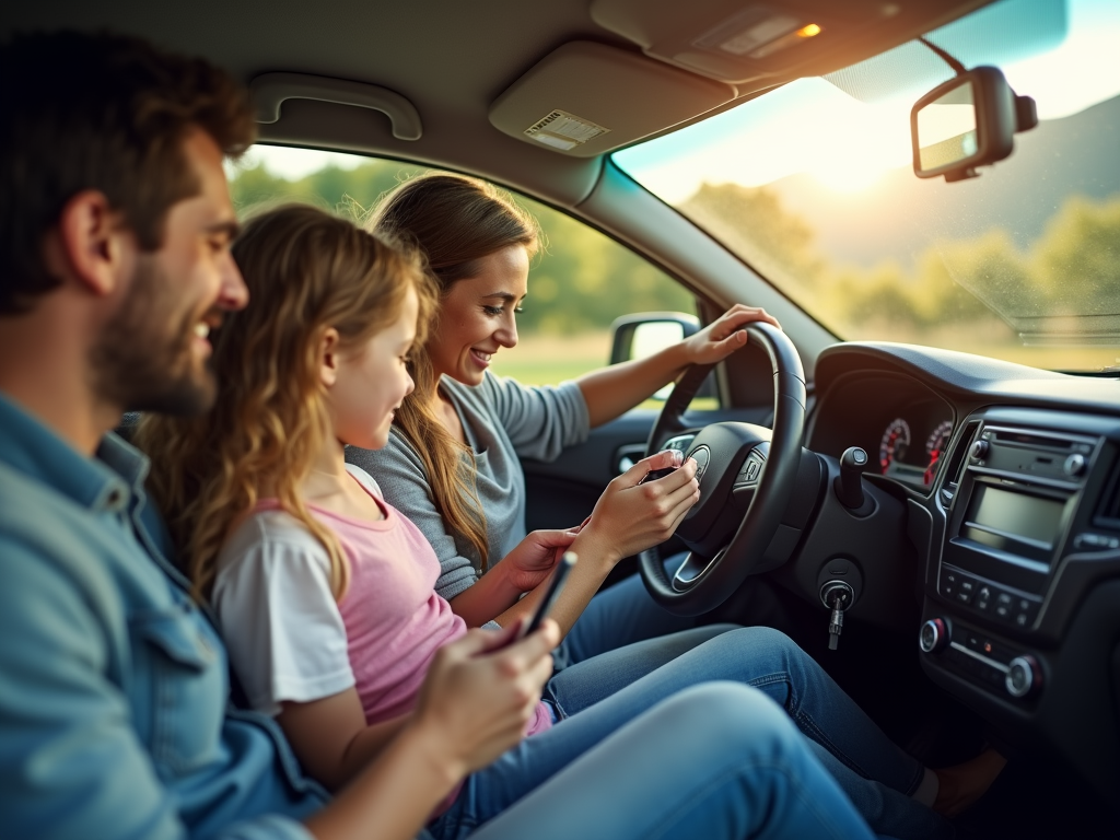 Family in a car; mom driving and showing daughter something on a phone, dad smiling.