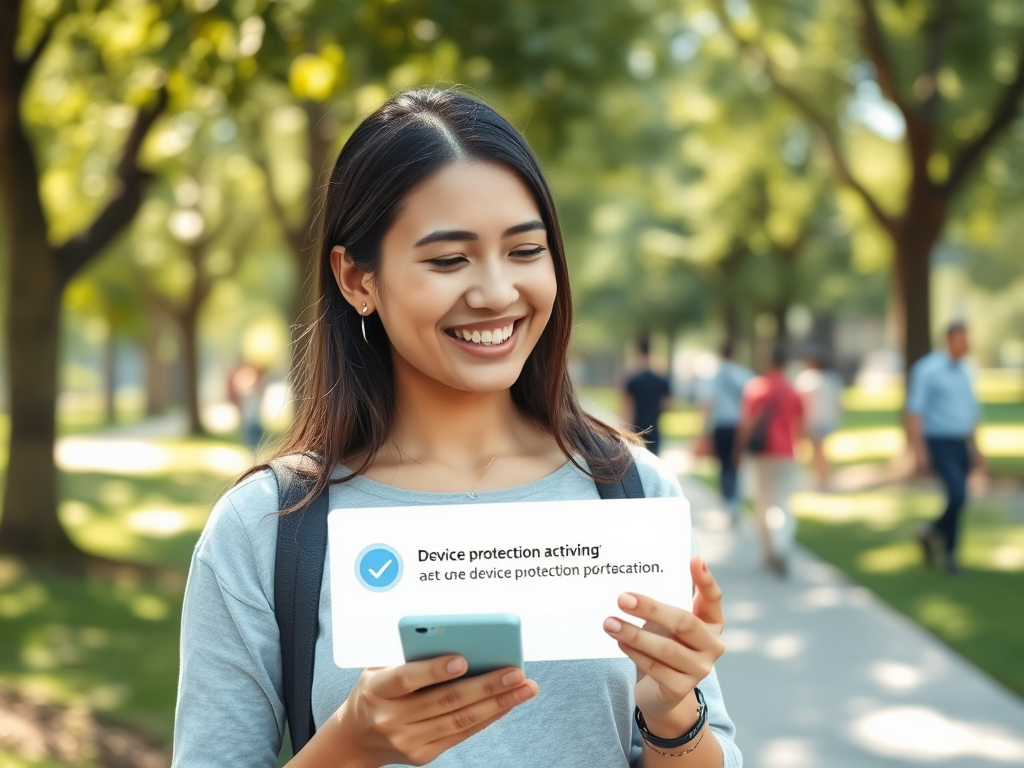 A young woman smiles while holding a phone, with a notification about device protection in a park setting.