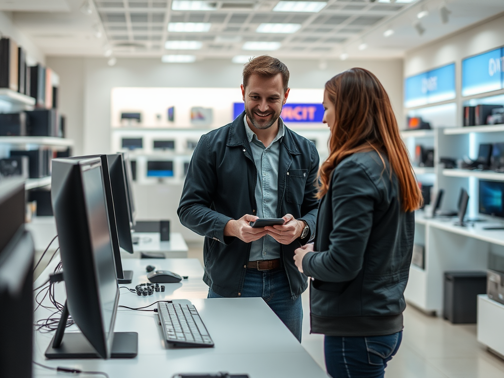 Two shoppers discuss technology products in a modern electronics store, smiling and engaged in conversation.