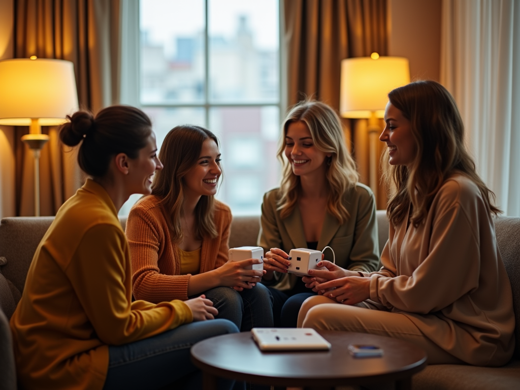 Four women enjoying a cozy conversation with coffee in a warmly lit living room.