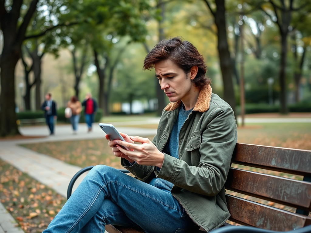 A young man sits on a bench in a park, looking intently at his phone while people walk by in the background.