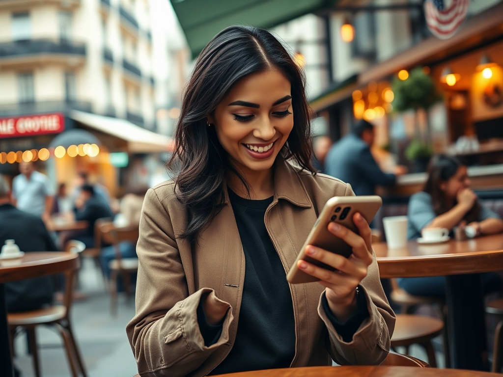 A smiling woman in a cafe looks at her phone, enjoying a lively atmosphere with others around her.