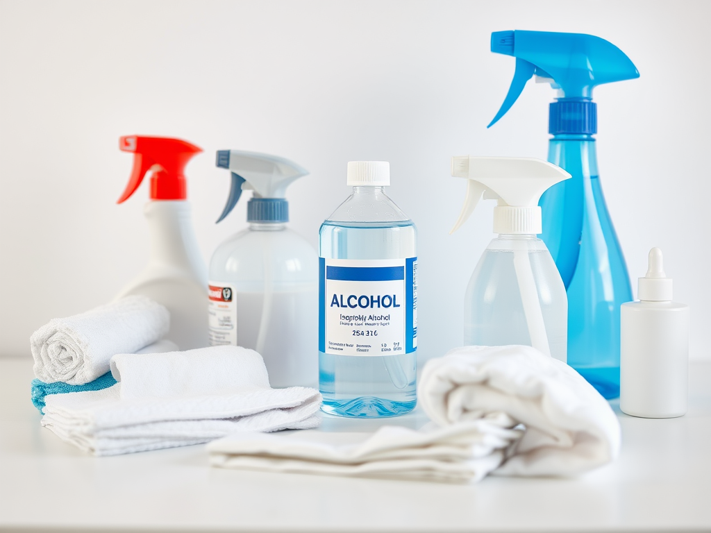 A display of various cleaning supplies, including bottles, sprays, and towels, on a white background.