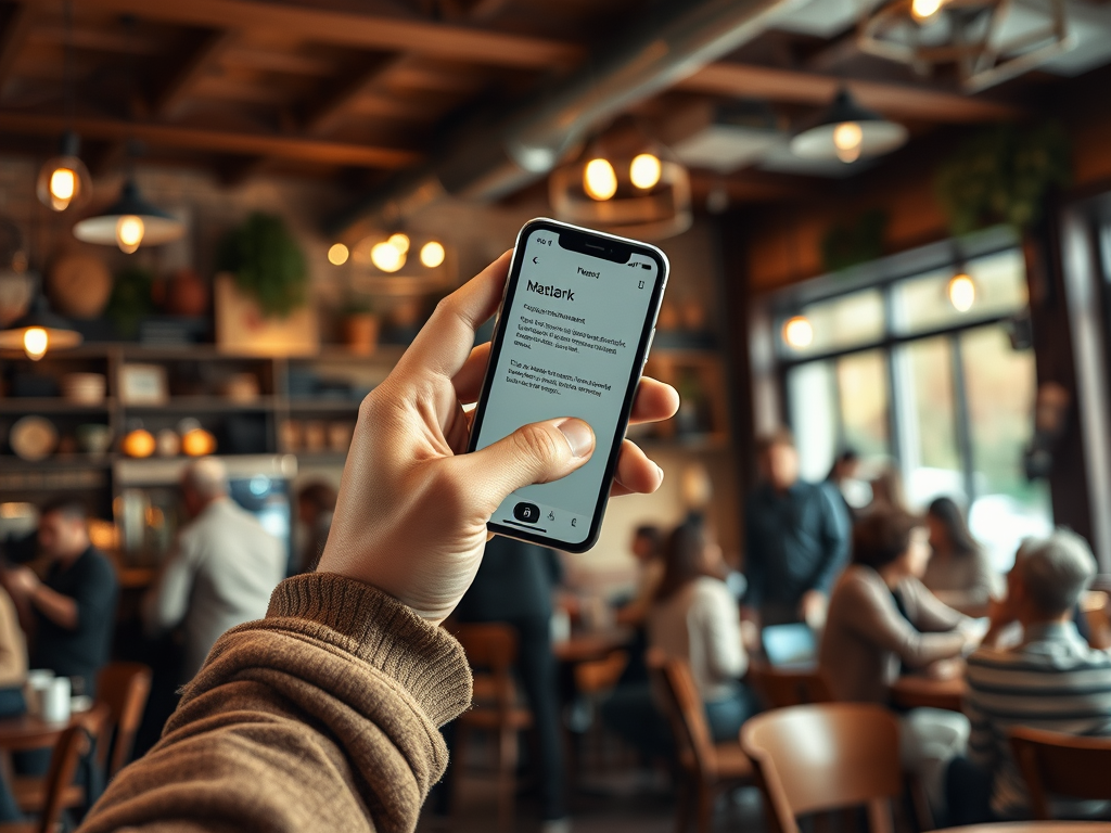 A hand holds a smartphone displaying text in a café filled with people engaged in conversation.