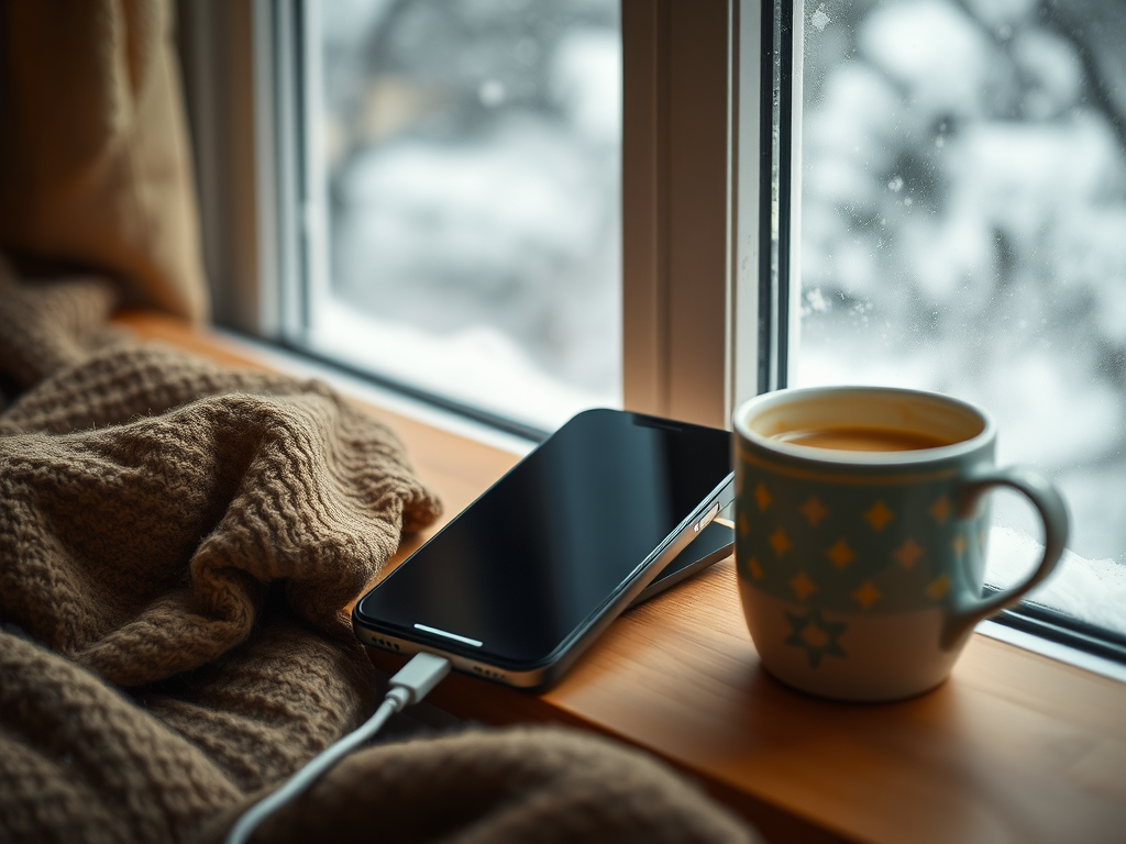 A smartphone plugged in next to a warm cup of coffee, resting on a windowsill with a snowy view outside.