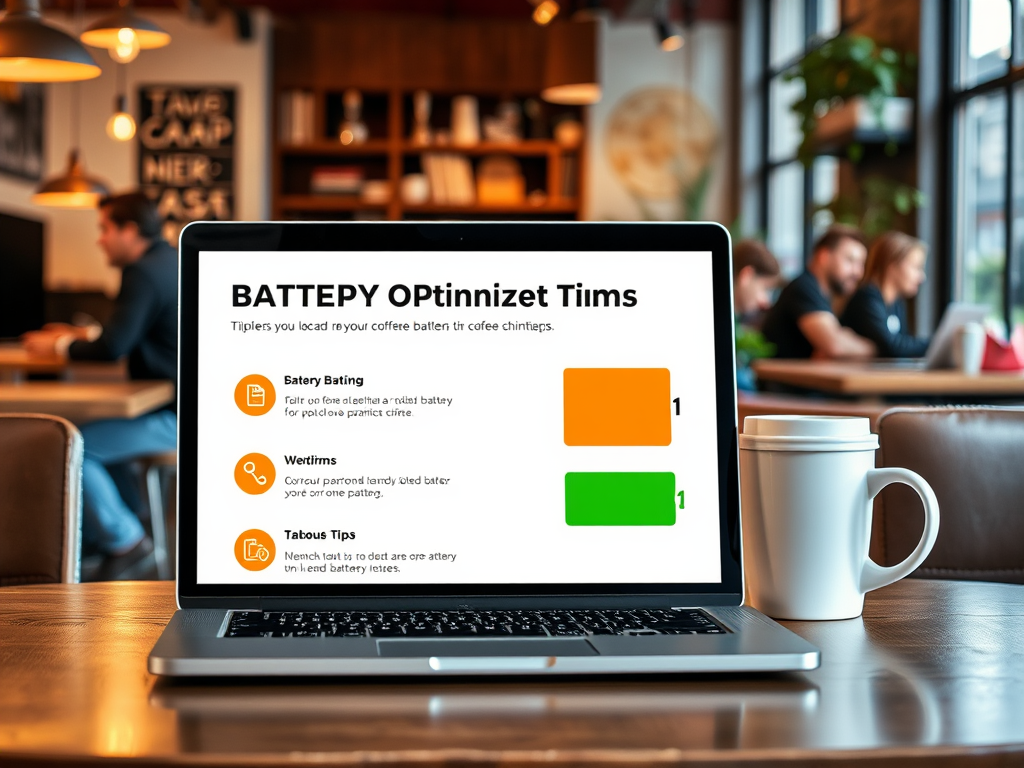 A laptop displays tips for managing coffee battery life in a cozy café setting.