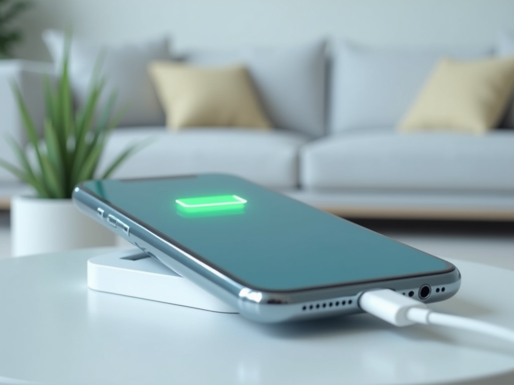 Smartphone on a charging pad with a glowing battery icon, in a modern living room.