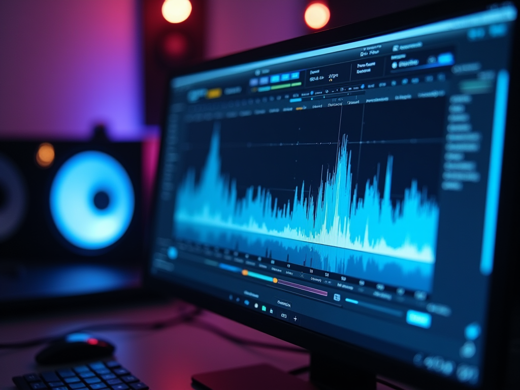 Audio waveform displayed on a monitor in a dimly lit studio with speakers in the background.