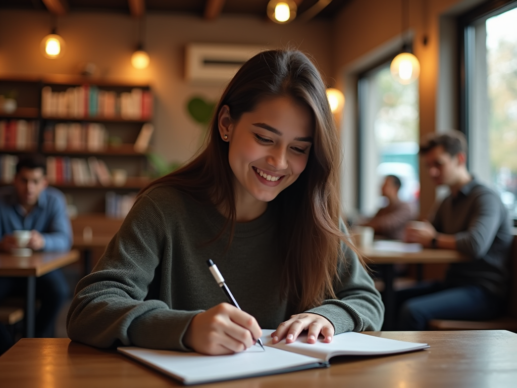 Smiling woman writing in notebook at a cafe with people in the background.